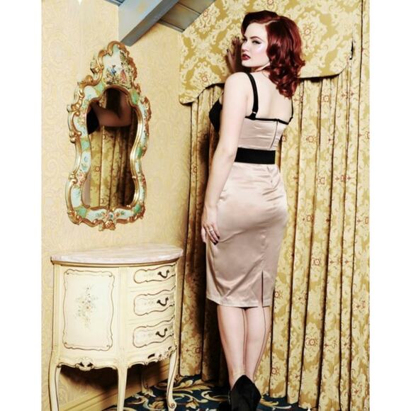 PINUP Girl DEADLY DAMES Wiggle Courtesan Dress Champagne NWT M Retro Glam - Picture 2 of 11